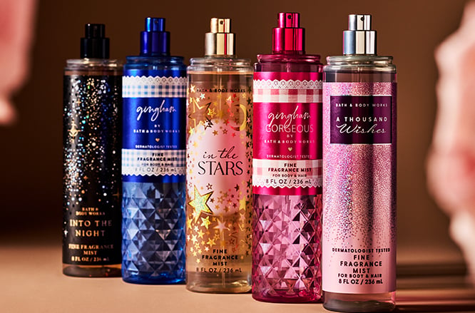 A row of Bath & Body Works fine fragrance mists